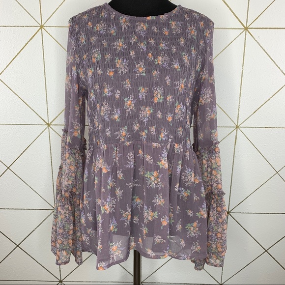 American Eagle Outfitters Floral Smocked Bell Sleeve Boho Top Size Small